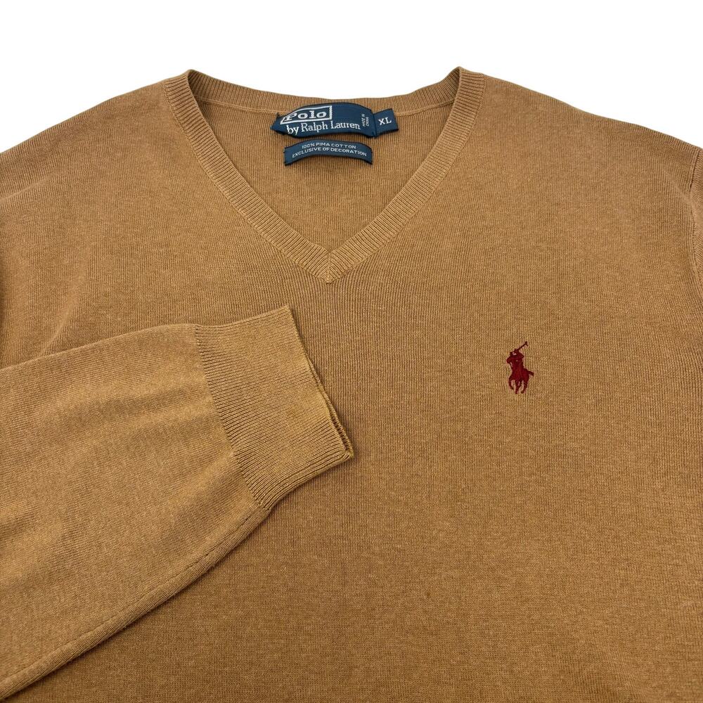 Polo Ralph Lauren Mens XL Brown V-Neck 100% Pima Cotton Pullover Sweater